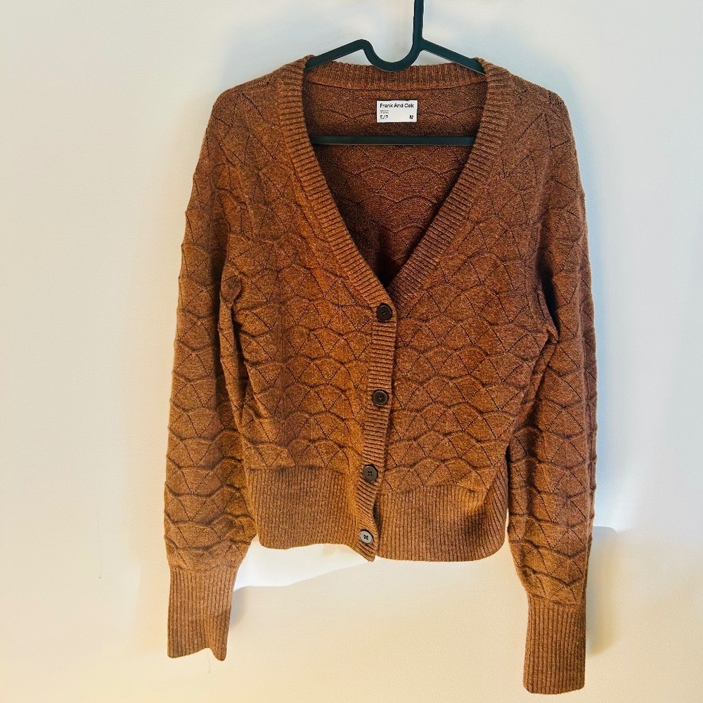 Frank & Oak Rust Brown Pointelle V-Neck Cardigan